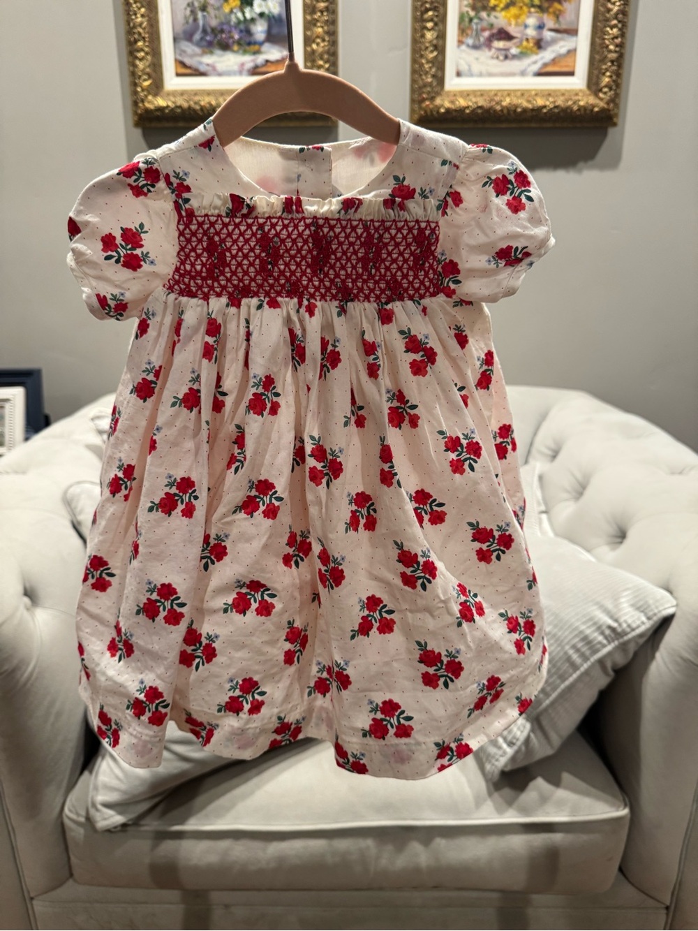 Janie and Jack White Dress with Red Floral Pattern and matching tights